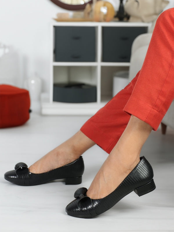 Women's Textured Bow Detail Block Heel Comfortable Pumps