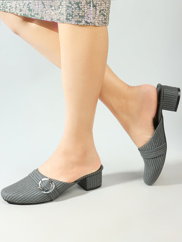 Women's Textured Block Heel Mules with Buckle Detail