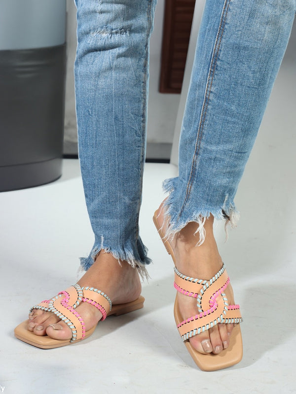 Women's Multicolor Cross Strap Stitch Detail Flat Sandals