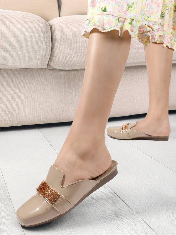 Women's Glossy Mules with Embellished Strap