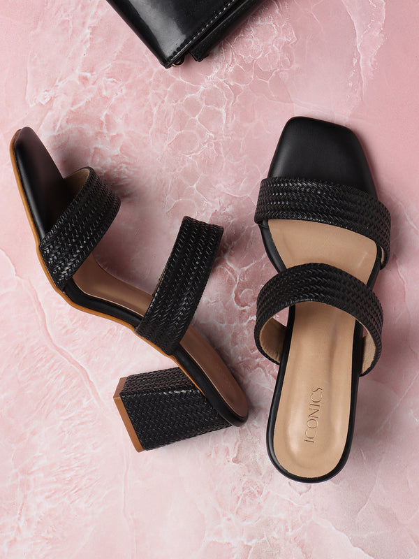 Woven Dual-Strap Block Heel Sandals with Square Toe