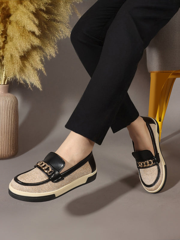 Women's Two-Tone Slip-On Loafers with Chain Detail