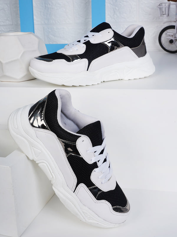 Women's Black and White Mesh Chunky Sneakers