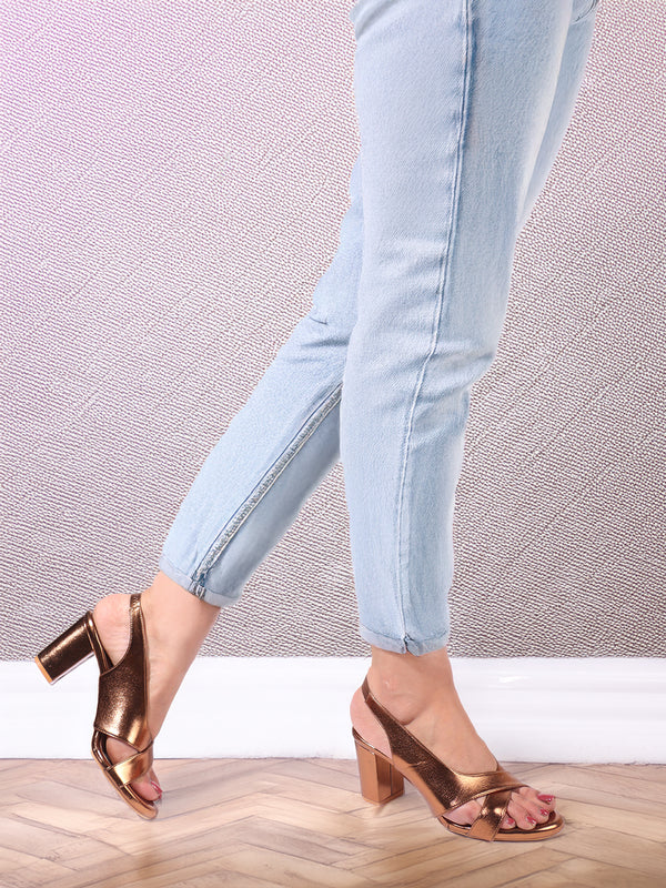 Women's Metallic Criss-Cross Slingback Block Heel Sandals