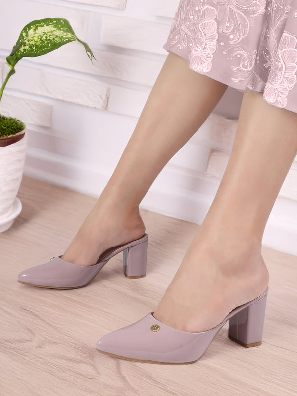 Women's Solid Pointed Toe Block Heel Mules