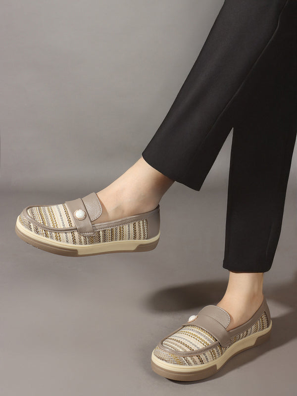 Women's Patterned Slip-On Loafers with Pearl Detail
