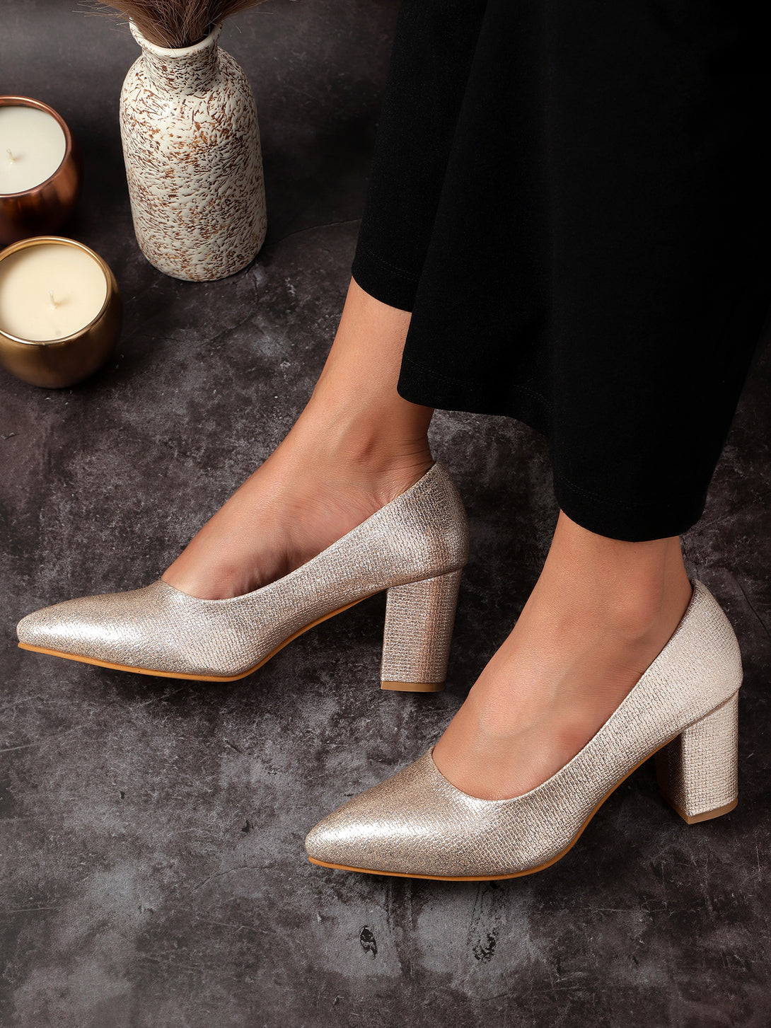 Women's Metallic Pointed Toe Block Heel Pumps – Iconic Creations