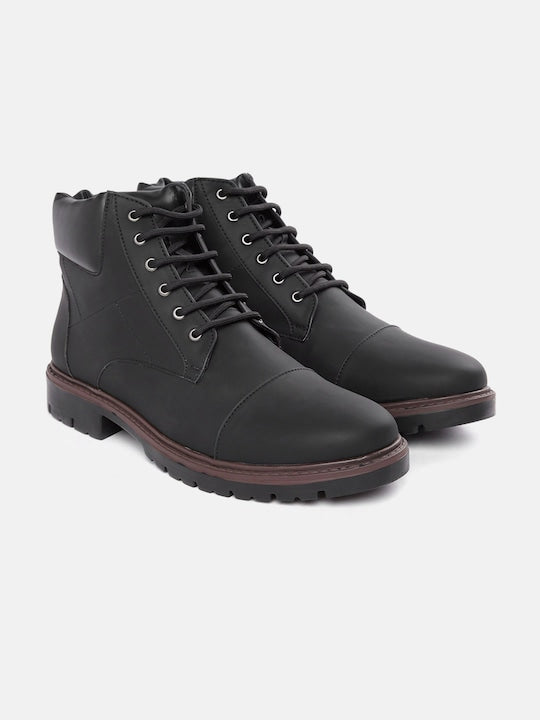 Men's Rugged Black Lace-Up Boots with Cap Toe