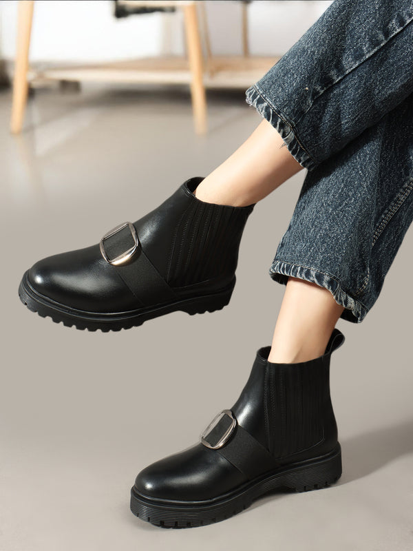 Women Casual Block-Heeled Chelsea Boots With Buckle Details