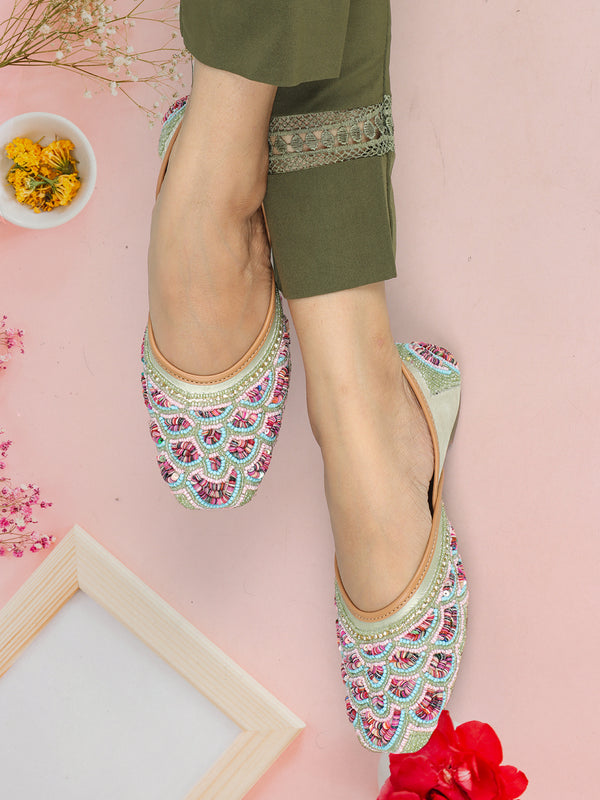 Women's Intricately Beaded Ethnic Jutti with Scalloped Embroidery