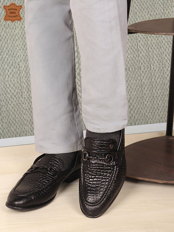 Men's Textured Slip-On Loafers with Buckle Detail