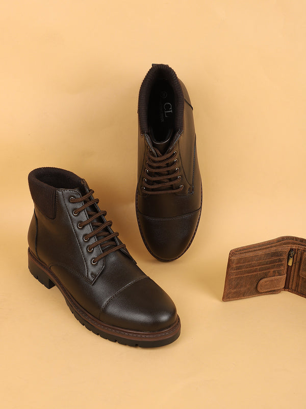 Men's Stylish Coffee Brown Lace-Up Boots with Ribbed Collar