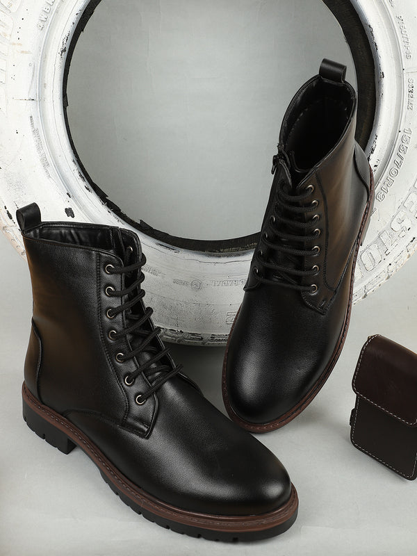 Men's Solid Black Lace-Up Casual Boots