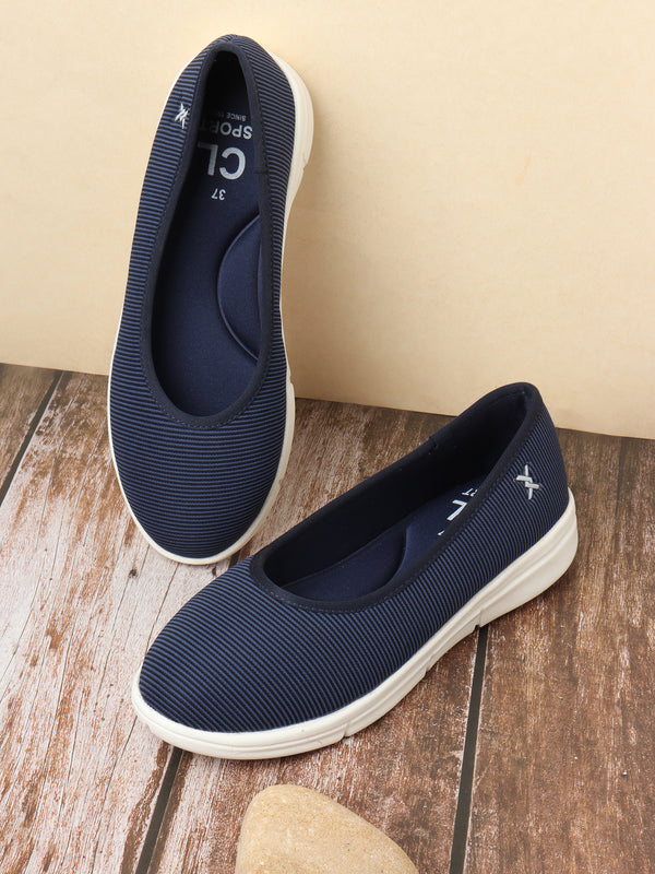 Women's Blue Striped Knit Comfort Ballet Flats