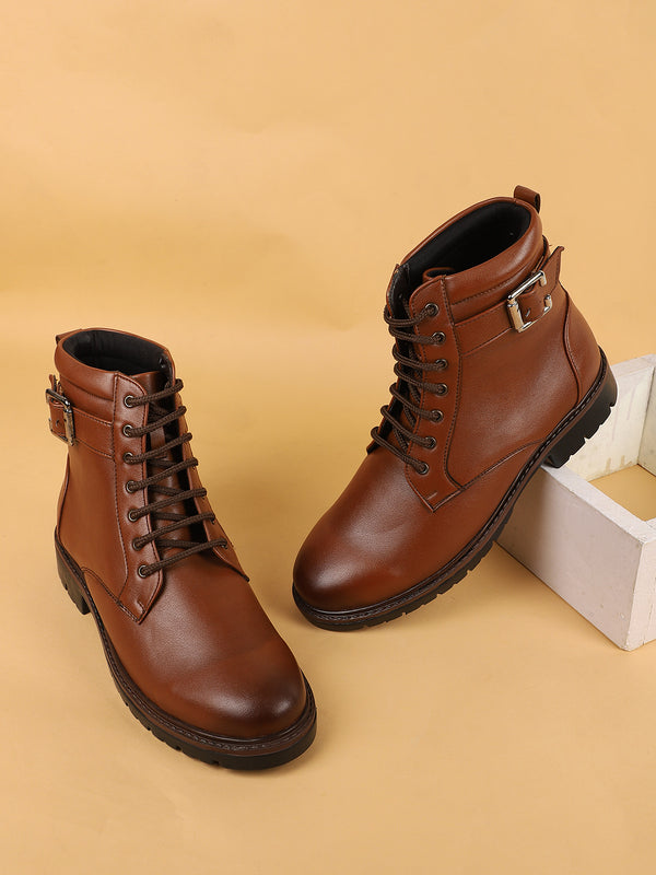 Men's Stylish Brown Lace-Up Biker Boots with Buckle Detail