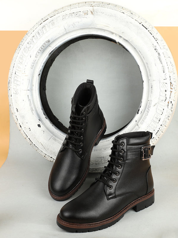 Men's Stylish Black Lace-Up Biker Boots with Buckle Detail