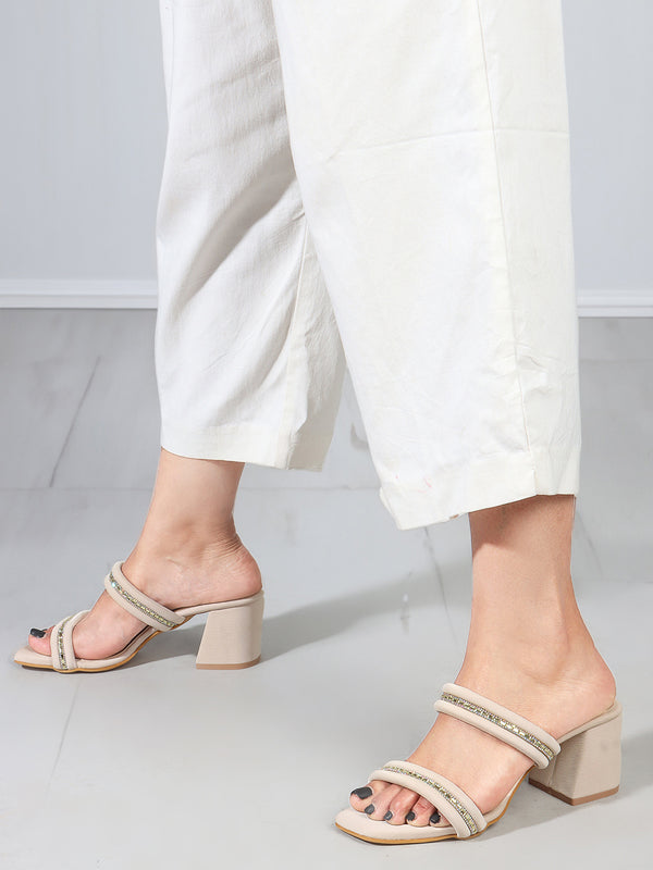 Women's Square Toe Embellished Double Strap Block Heel Sandal