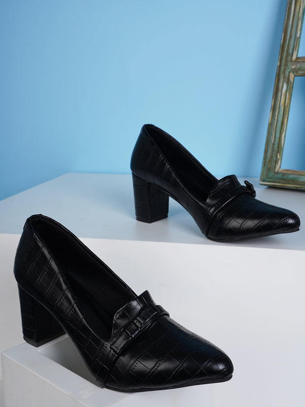 Women's Textured Croc-Embossed Pointed-Toe Block Heel Pump