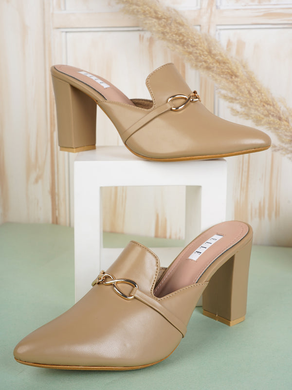 Women's Pointed Toe High Heel Mules with Chain Detail