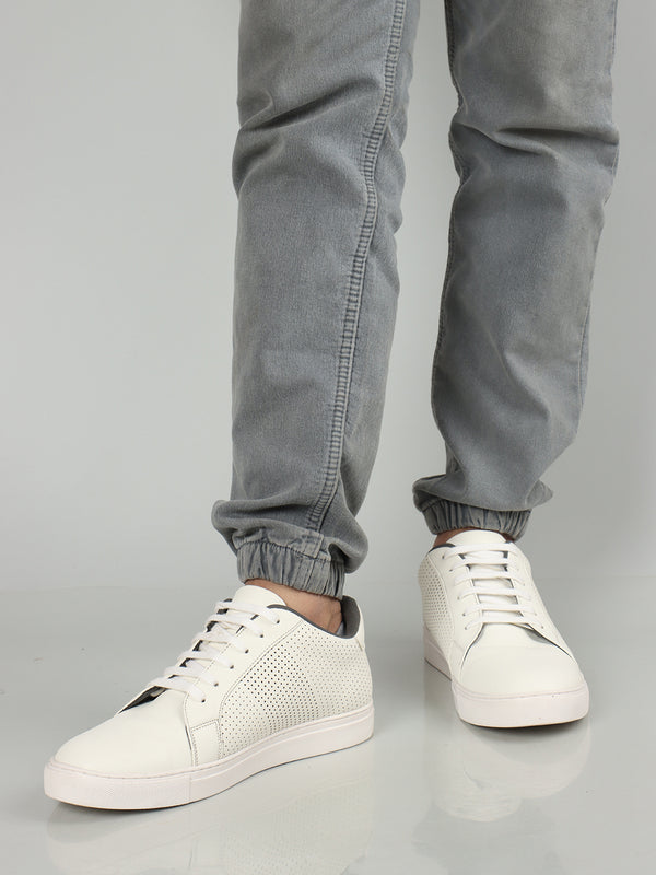 Men's Stylish Perforated White Lace-Up Casual Sneakers