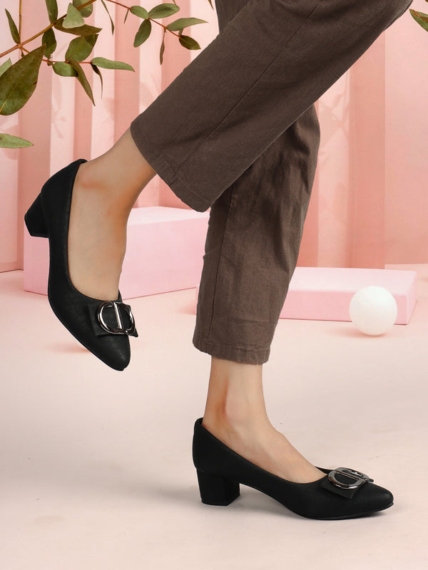 Women's Textured Block Heel Pump with Decorative Metal Buckle