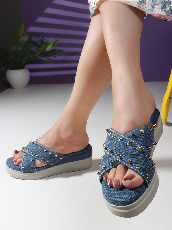 Women's Denim Studded Crisscross Wedge Sandals
