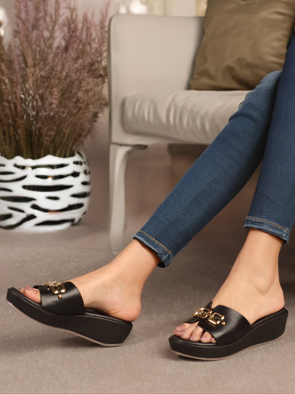 Women's Slip-On Wedge Sandals with Golden Buckle