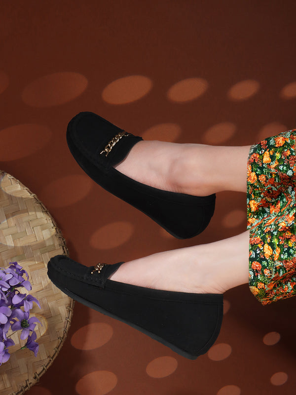 Women's Solid Slip-On Wedge Loafers with Buckle