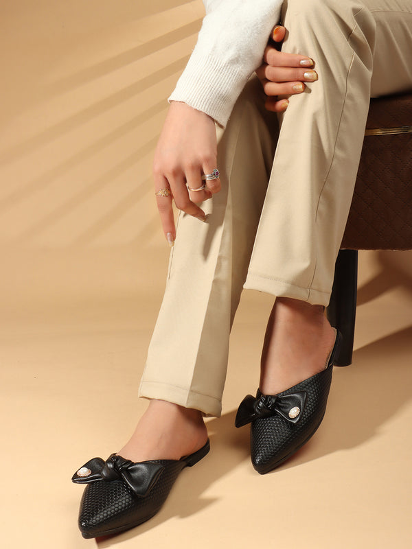 Women's Pointed Toe Textured Mules with Bows Detail
