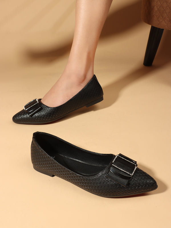 Women's Pointed Toe Textured Ballet Flats with Embellished Buckle