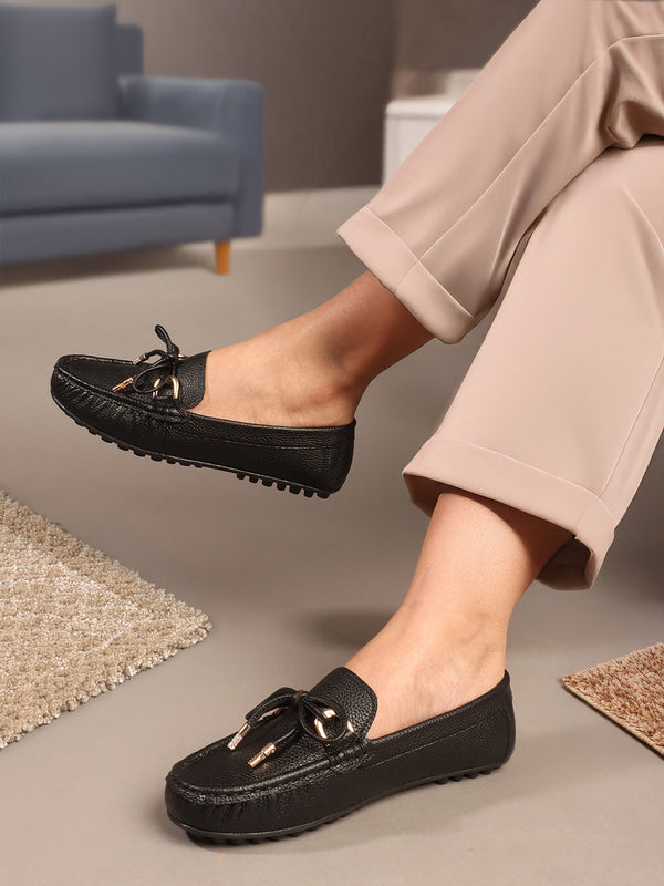 Women's Solid Driving Loafers with Tie Detail