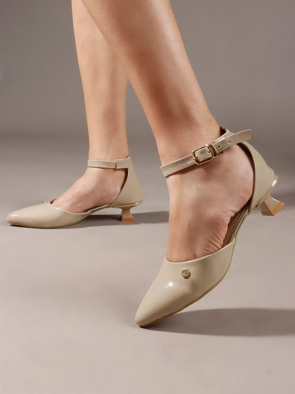 Women's Pointed Toe Ankle Strap Calf Heel Pumps